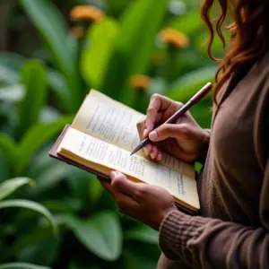 Mantenha Um Diário Para Acompanhar Sua Horta Mulher anota detalhes sobre sua horta em um diário de jardinagem.