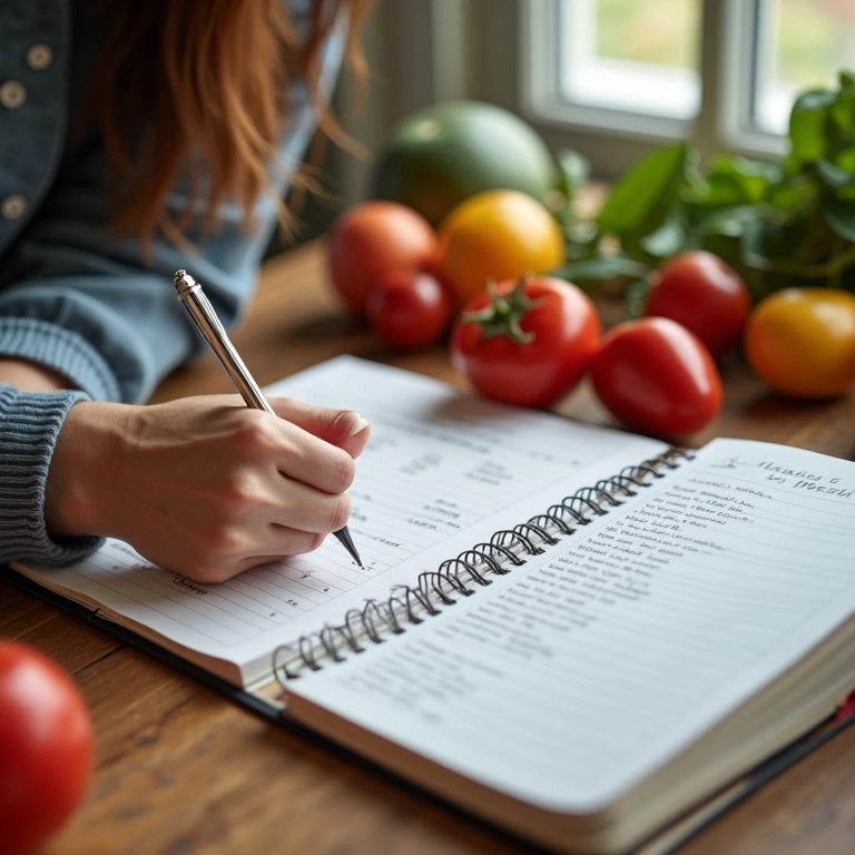 Mulher anotando receitas para marmitas em um caderno, cercada por ingredientes frescos.