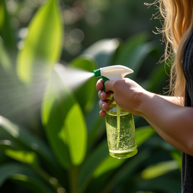 Mulher aplicando adubo foliar em orquídea.