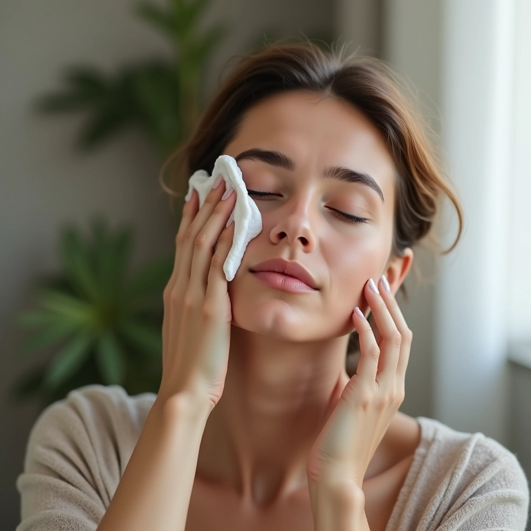 Mulher aplicando compressa fria no rosto para aliviar queimadura solar.