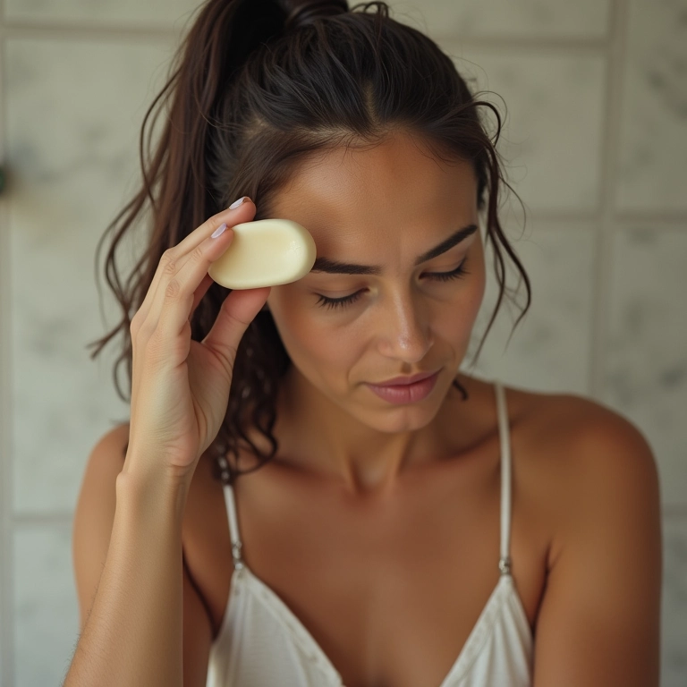 Mulher aplicando condicionador sólido nos cabelos durante o banho.
