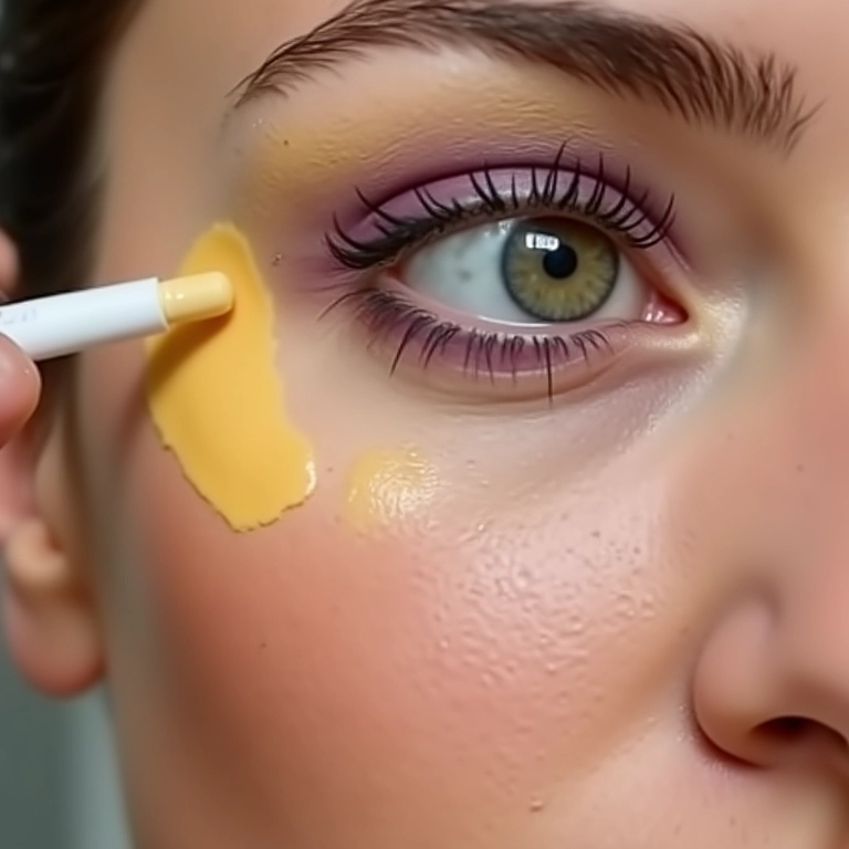 Mulher aplicando corretivo amarelo para cobrir olheiras arroxeadas.