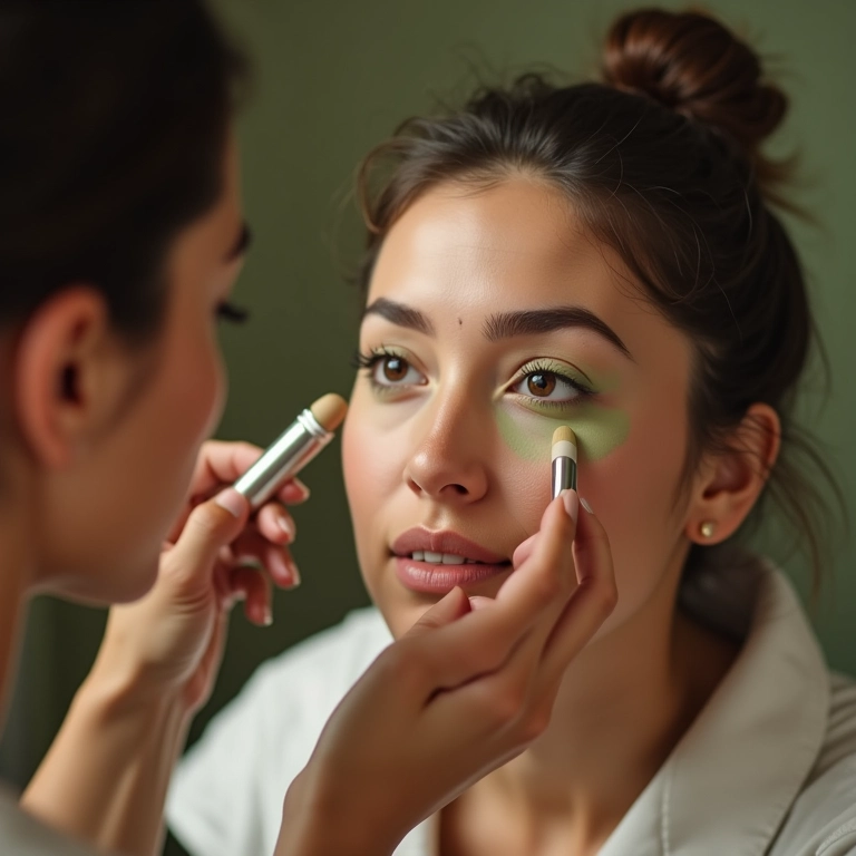 Mulher aplicando corretivo verde para neutralizar vermelhidão.