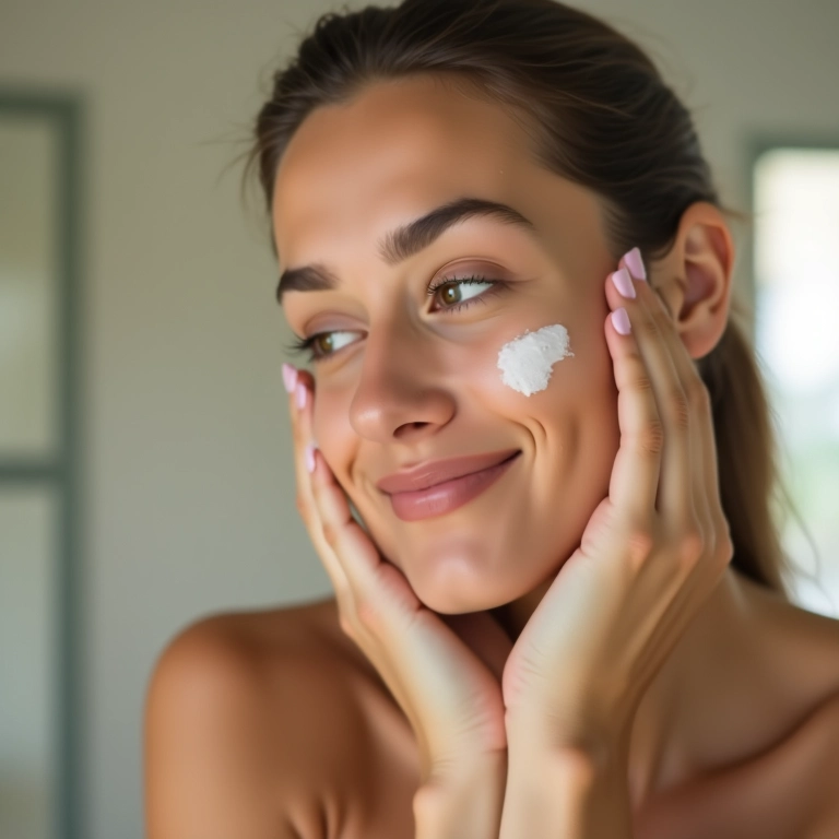 Mulher aplicando creme com ácido azelaico no rosto.