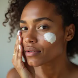Mulher aplicando creme dermocosmético no rosto, pele radiante.