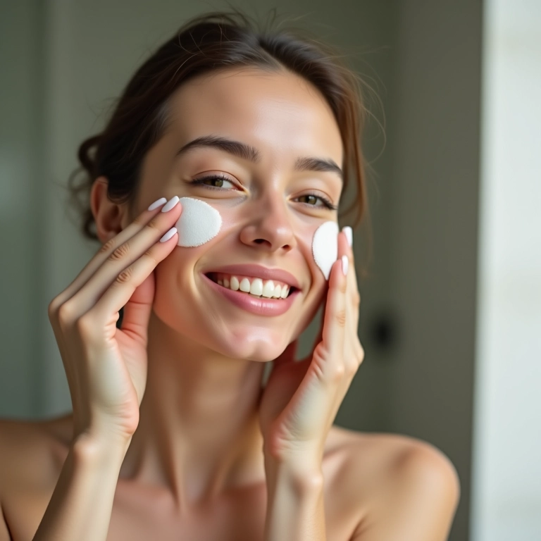 Mulher aplicando creme prebiótico no rosto.