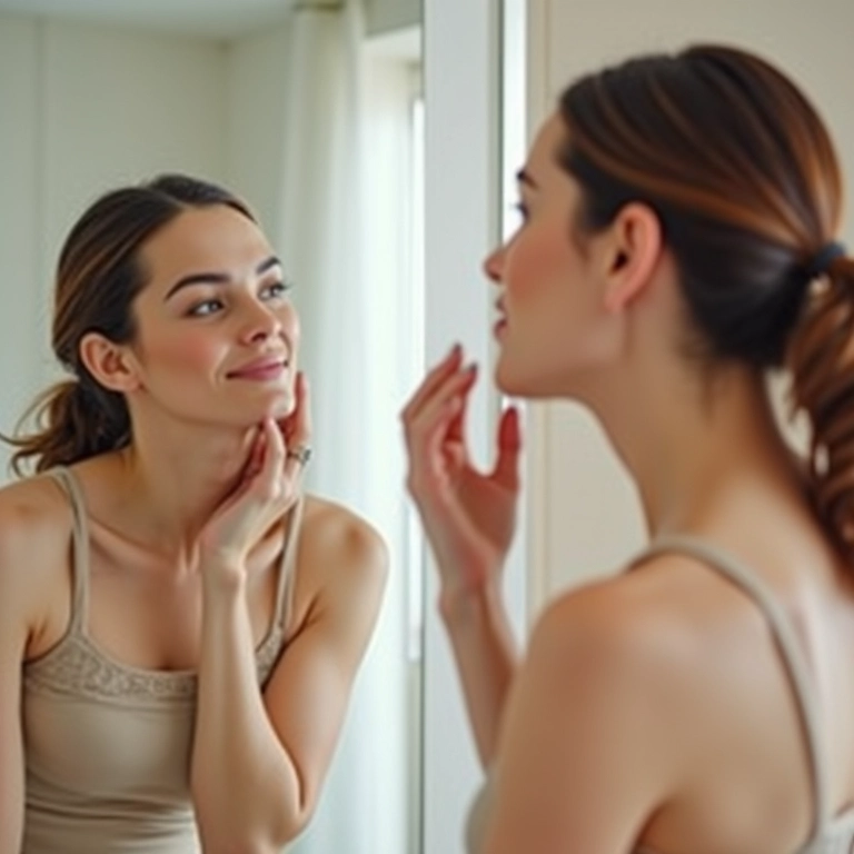 Mulher aplicando dermocosméticos diariamente em frente ao espelho.