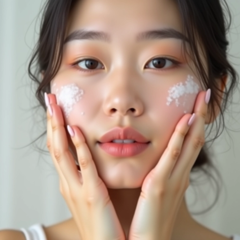 Mulher aplicando essência no rosto com leves batidinhas em um ambiente clean.