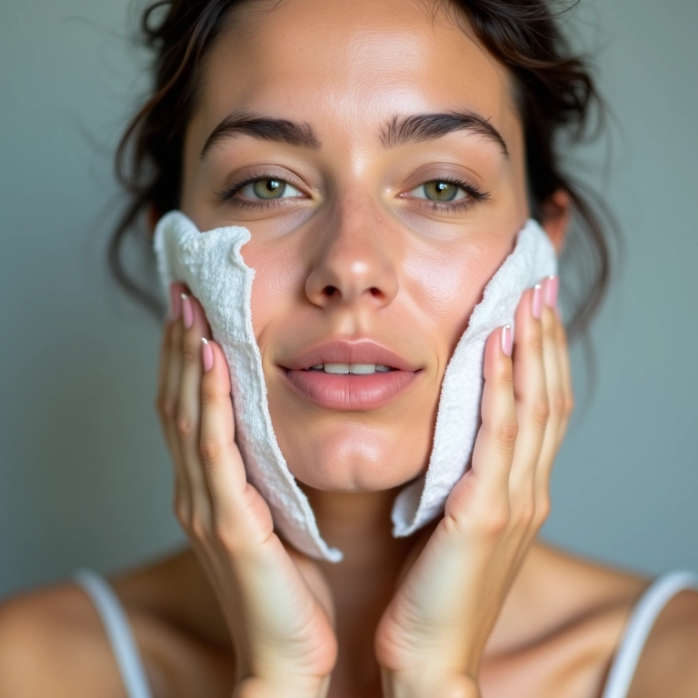 Mulher aplicando gelo no rosto para refrescar a pele.