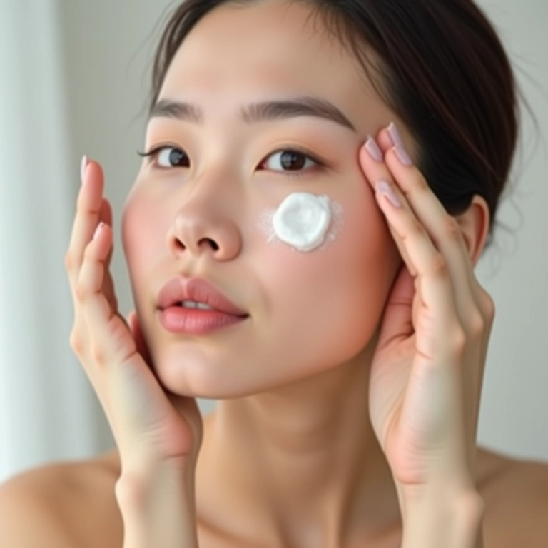 Mulher aplicando hidratante facial com massagem suave no rosto.