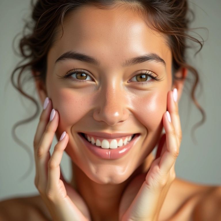 Mulher aplicando hidratante facial com sorriso.
