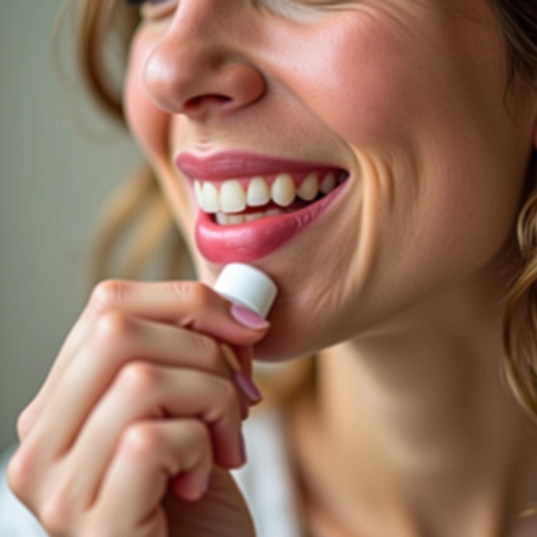 Mulher aplicando hidratante labial com sorriso.