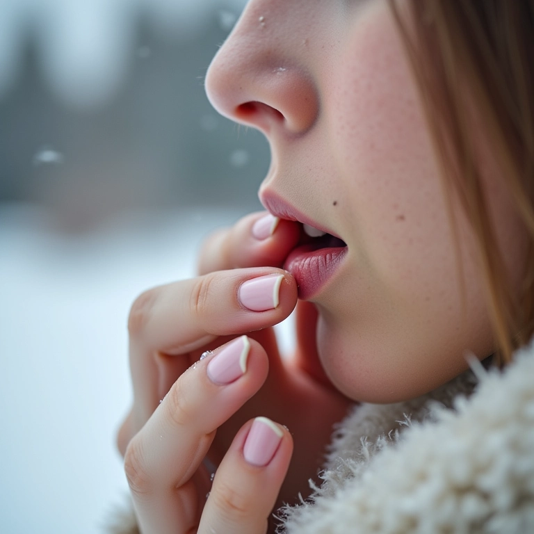 Mulher aplicando hidratante labial nos lábios rachados no inverno.
