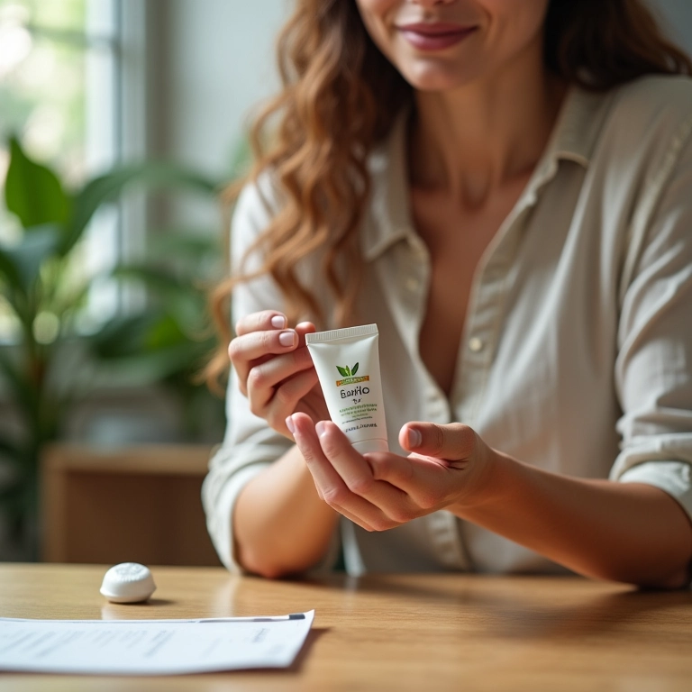 Mulher aplicando hidratante nas mãos em escritório com decoração brasileira vibrante.
