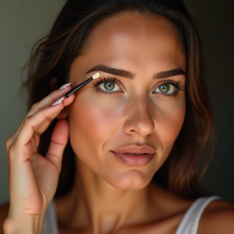 Mulher aplicando iluminador abaixo da sobrancelha para realçar.