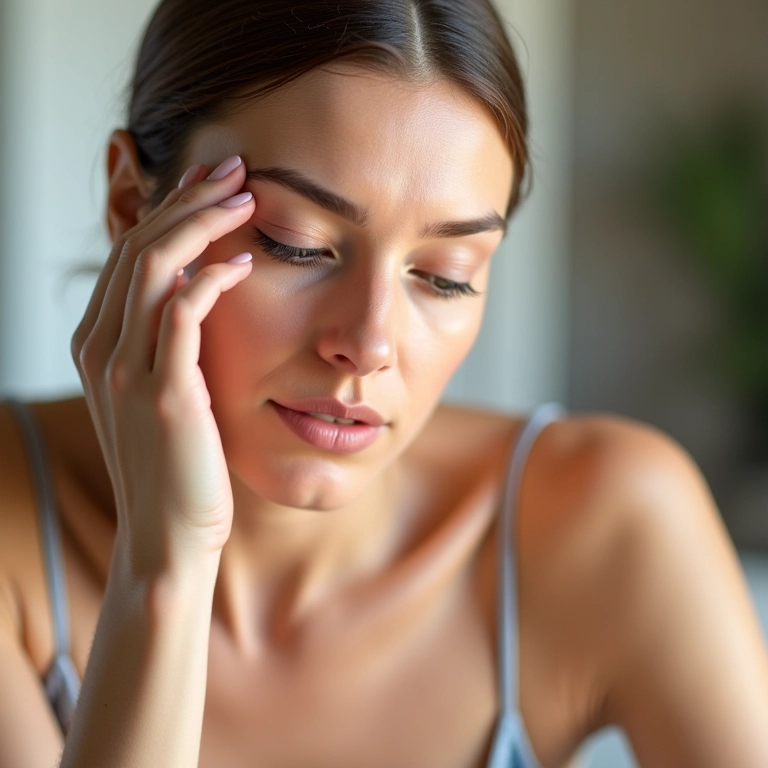 Mulher aplicando maquiagem suavemente.