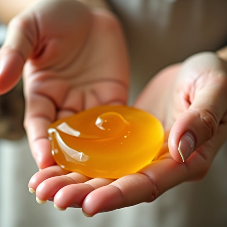 Mulher aplicando máscara caseira de mel nas mãos em ambiente relaxante de spa.