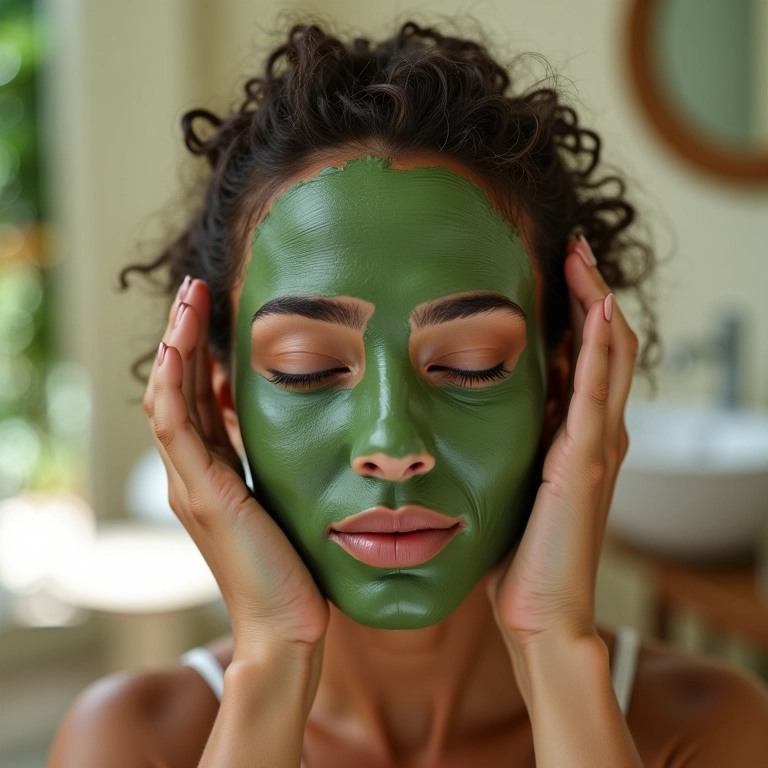 Mulher aplicando máscara de argila verde no couro cabeludo.