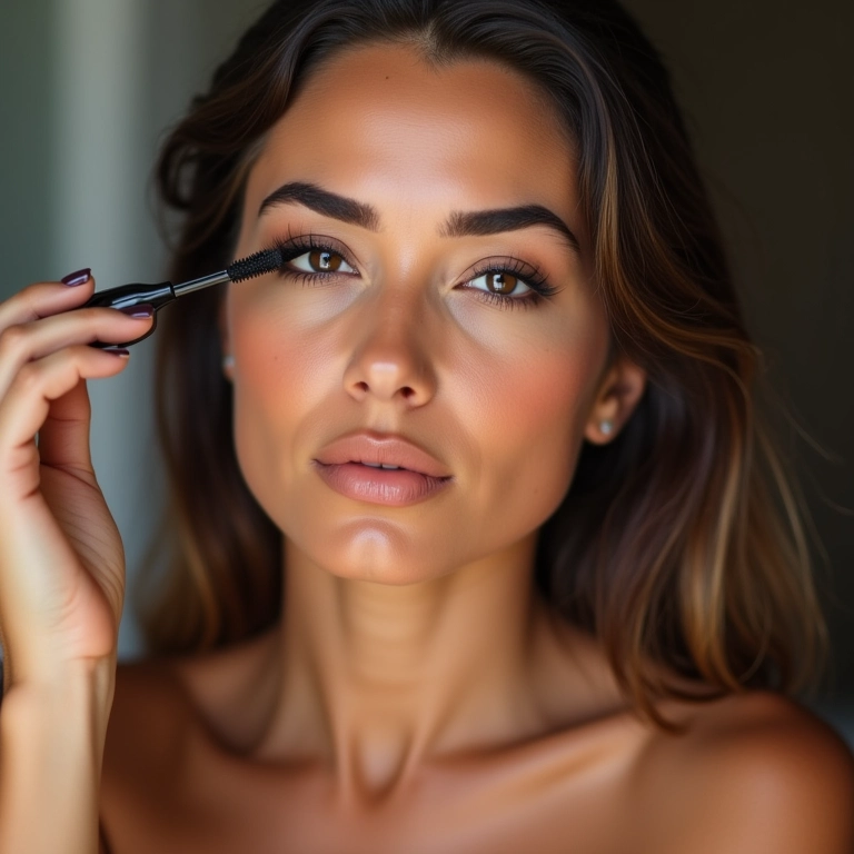 Mulher aplicando máscara de cílios para alongar e definir.