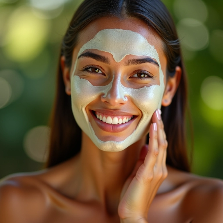 Mulher aplicando máscara facial revitalizante em um ambiente com estilo Farm Rio.