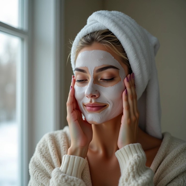 Mulher aplicando máscara hidratante nos cabelos no banheiro durante o inverno.