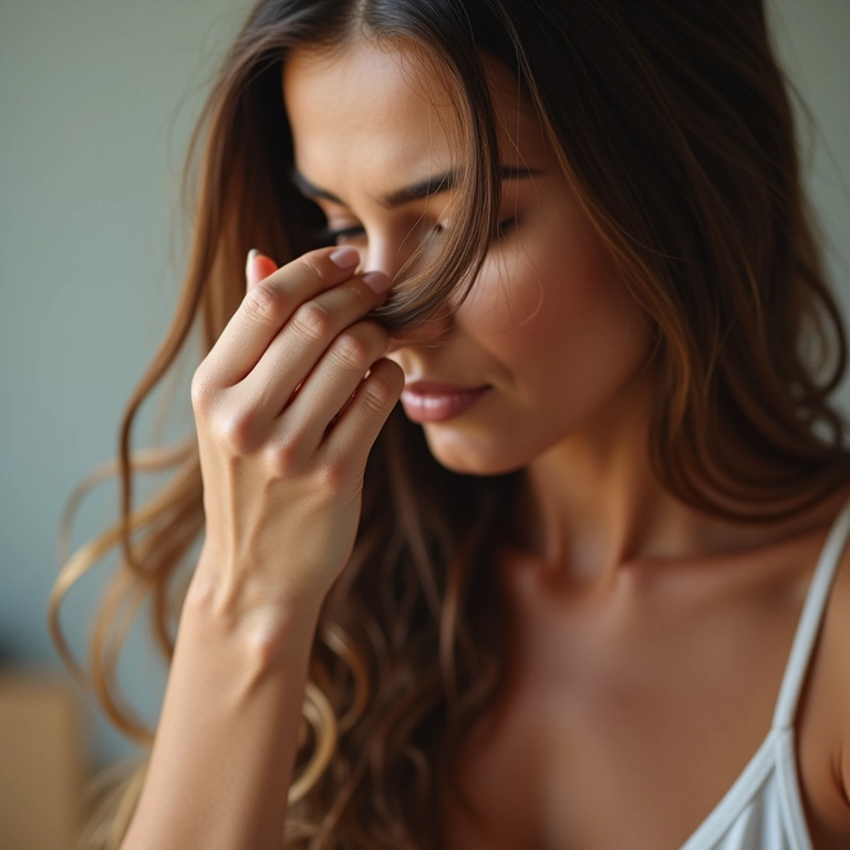 Mulher aplicando óleo capilar nas pontas dos cabelos ressecados.