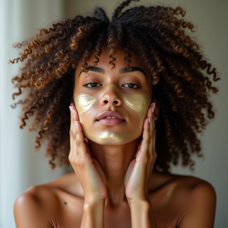 Mulher aplicando óleo de coco nos cabelos cacheados para umectação.
