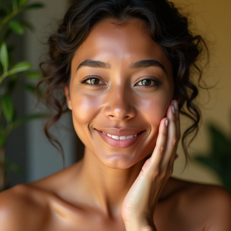 Mulher aplicando óleo de squalano no rosto.