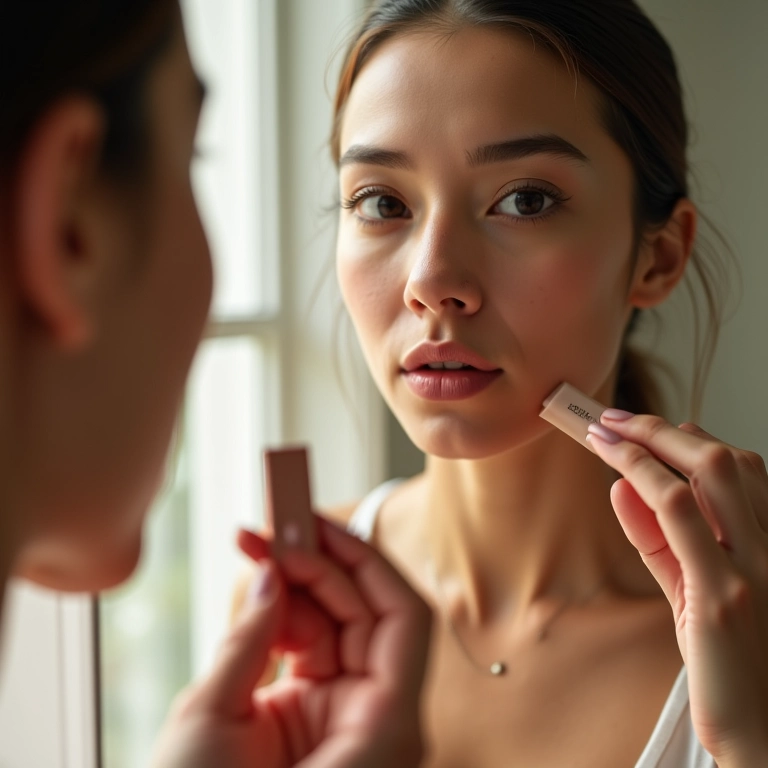 Mulher aplicando protetor labial com cor em frente ao espelho.