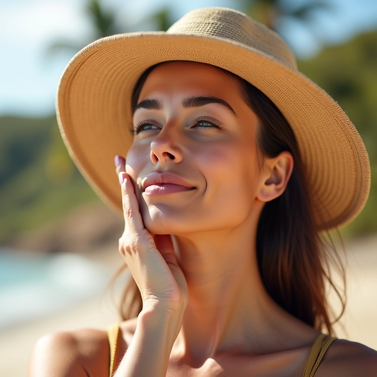 Mulher aplicando protetor solar após rinomodelação, usando chapéu.