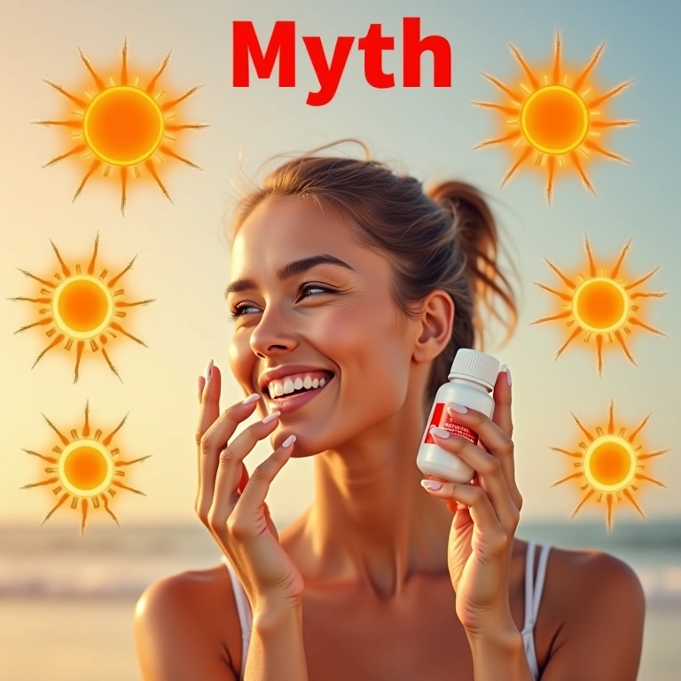 Mulher aplicando protetor solar e segurando suplemento oral com raios UVA/UVB ao fundo.