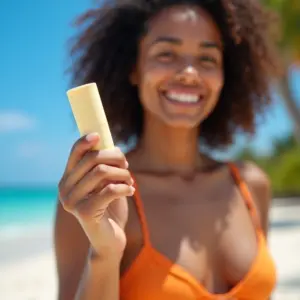 Mulher aplicando protetor solar em bastão na praia.