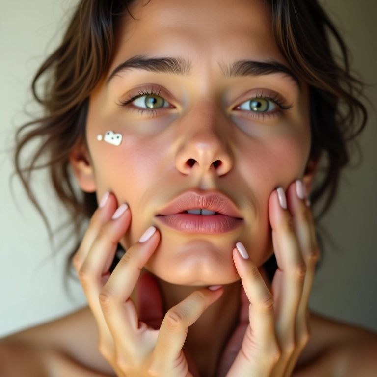 Mulher aplicando protetor solar facial nos lábios com dúvida.