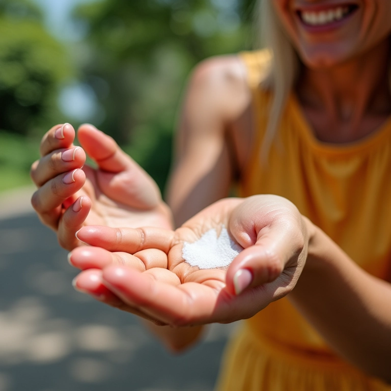 Mulher aplicando protetor solar nas mãos antes de sair em dia ensolarado no Brasil.