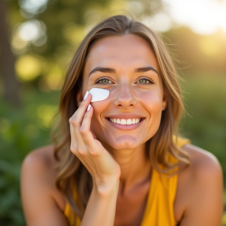Mulher aplicando protetor solar no rosto ao ar livre.