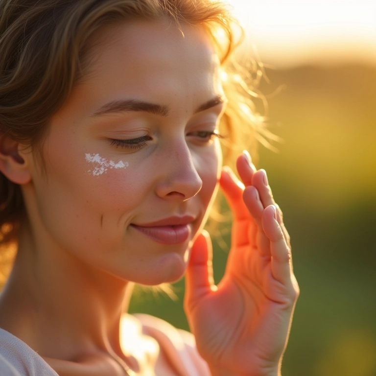 Mulher aplicando protetor solar no rosto ao ar livre.