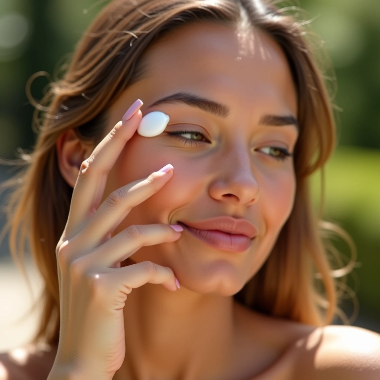 Mulher aplicando protetor solar no rosto em dia ensolarado.
