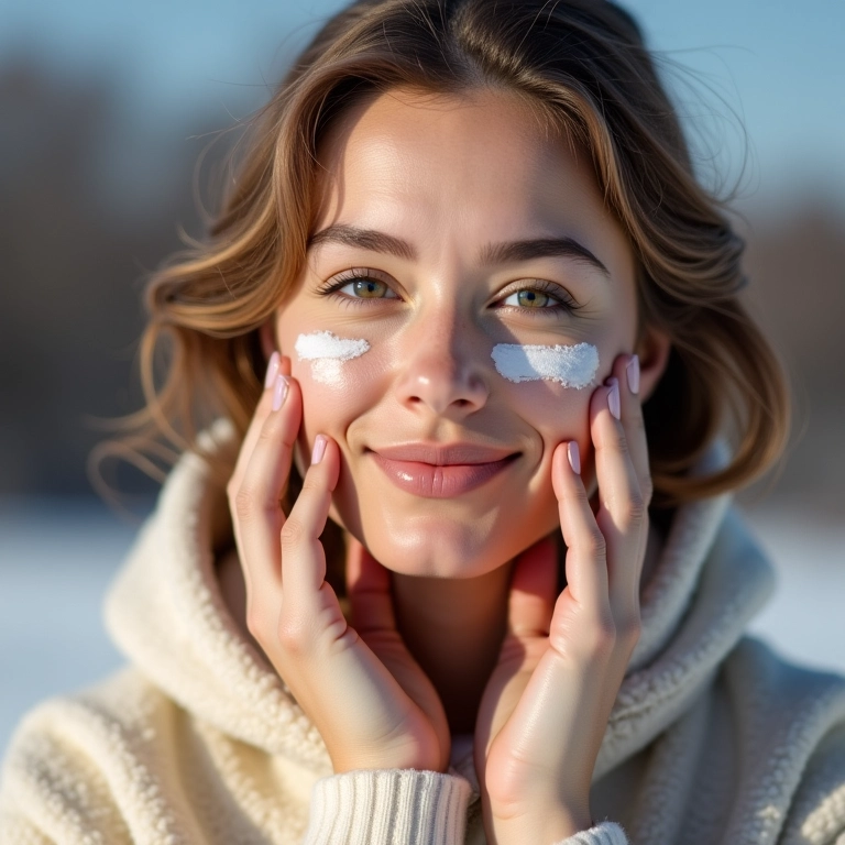 Mulher aplicando protetor solar no rosto em um dia de inverno.