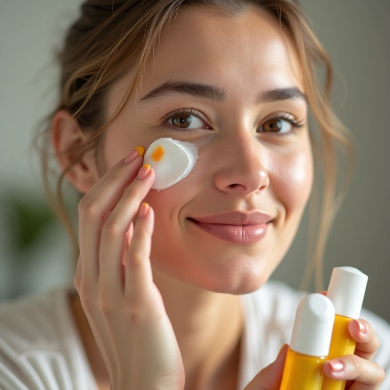 Mulher aplicando protetor solar no rosto, produtos de cuidados pós-tratamento em exibição.