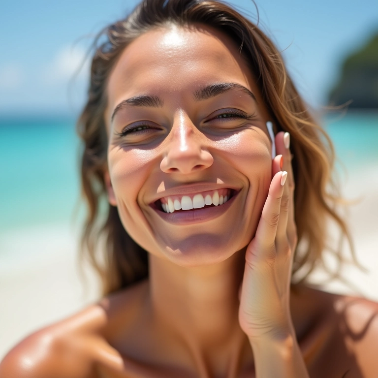 Mulher aplicando protetor solar no rosto, sorrindo.