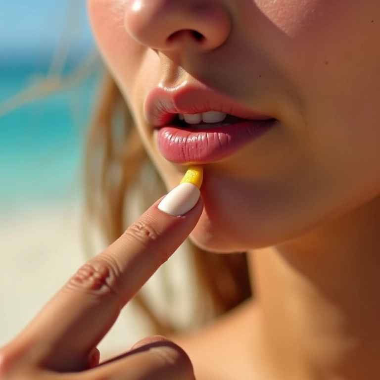 Mulher aplicando protetor solar nos lábios em dia ensolarado.