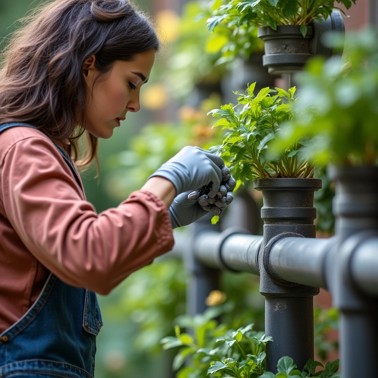 Mulher aplicando selante em canos de PVC para garantir a durabilidade da horta vertical.