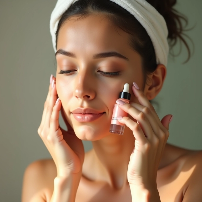 Mulher aplicando sérum facial em um banheiro minimalista.