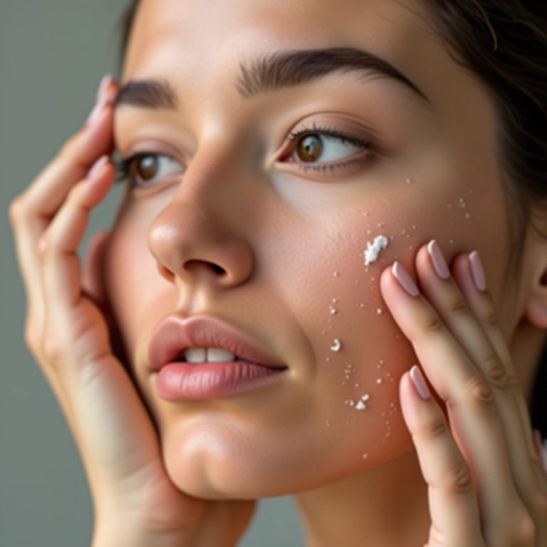 Mulher aplicando sérum facial no rosto.