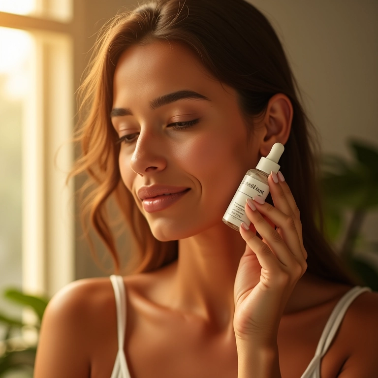 Mulher aplicando sérum no rosto, demonstrando a proteção antioxidante do Bakuchiol.