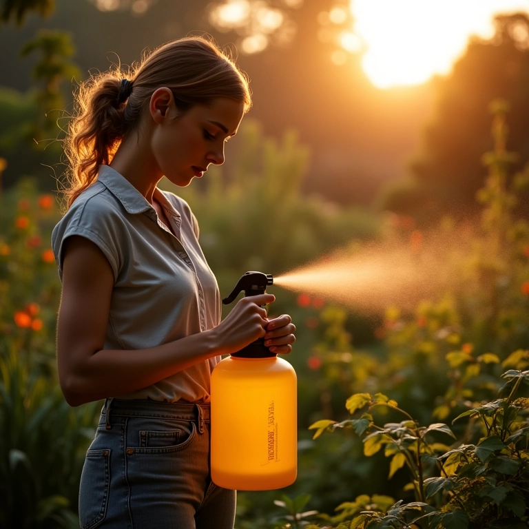 Mulher aplicando solução natural de controle de pragas no jardim ao amanhecer.