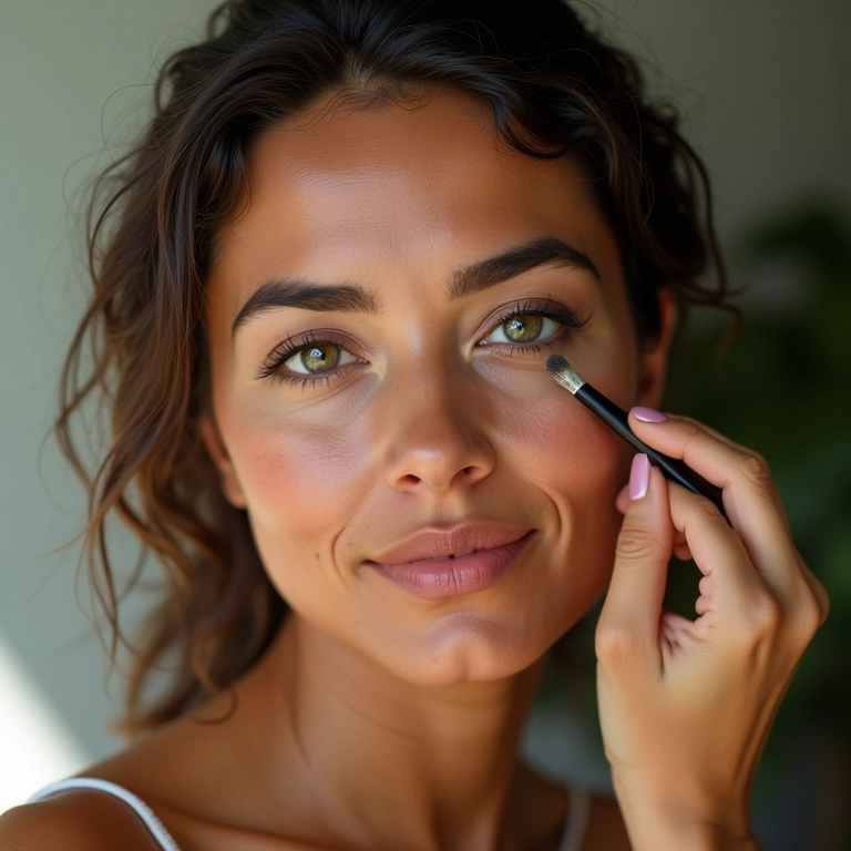 Mulher aplicando sombra para valorizar olhos grandes.