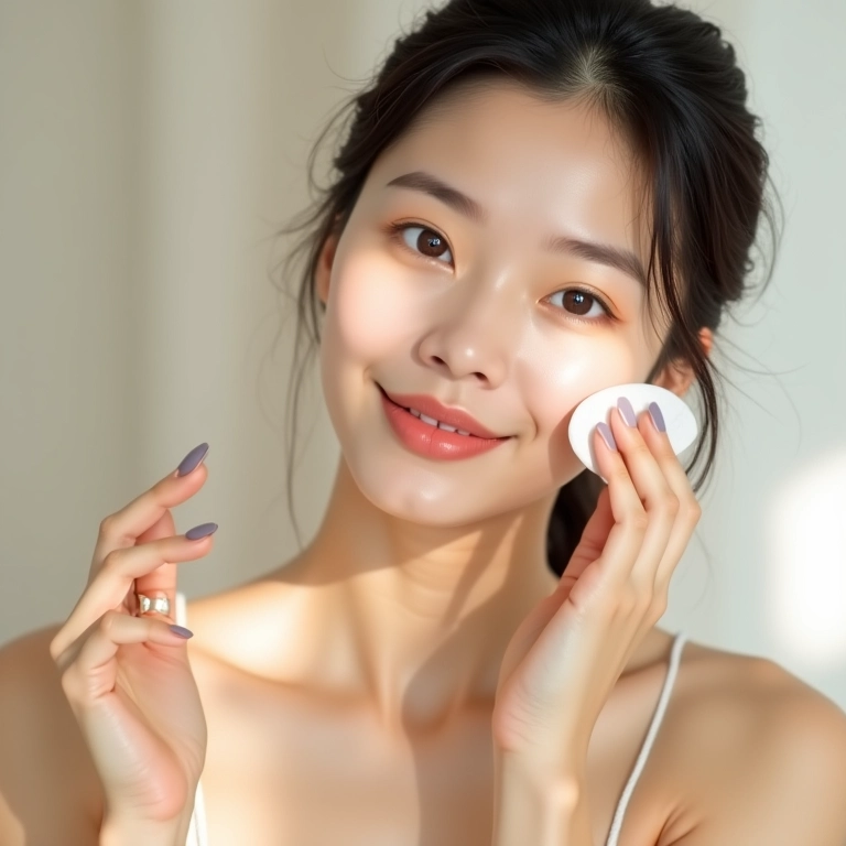 Mulher aplicando tônico facial com algodão em um ambiente bem iluminado.