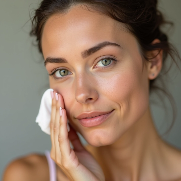 Mulher aplicando tônico facial com algodão.