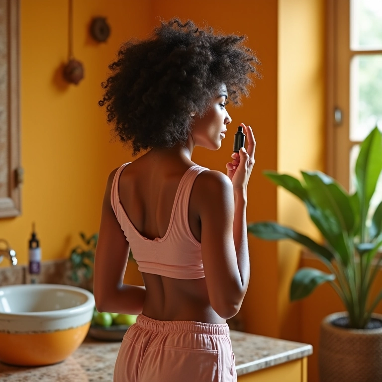 Mulher aplicando tratamento para queda de cabelo em casa.